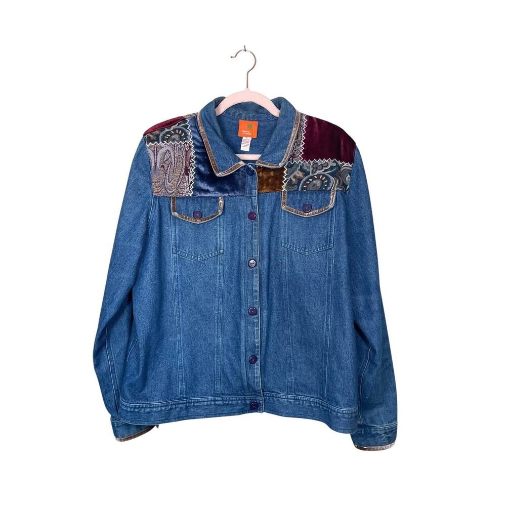 Hearts Of Palm Embellished Jean Jacket Paisley Plush Womens 14 Button Down